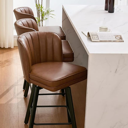 Swivel Counter Height Bar Stools Set of 3, 30'' Modern Barstools with Backs and Metal Legs, Upholstered Bar Chairs, Faux Leather Dark Brown Stools for Kitchen Island Chairs