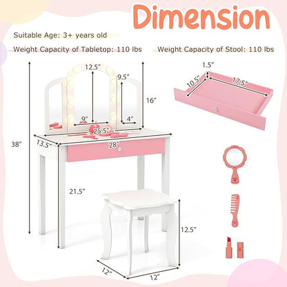 Costzon Kids Vanity, Girls Vanity Set with Mirror and Stool and Lights, Storage Drawer, Princess Toddler Makeup Vanity Desk Dressing Table, Wooden Kids Vanity Table and Chair Set (White)