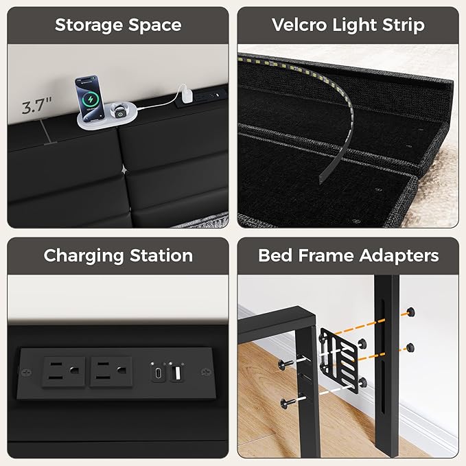King/Cal King Size Upholstered Velvet Headboard, Adjustable Head Boards with LED Light & Charging Station, Bed Headboard Only, Attach Frame, Ideal for Bedroom, Dorm, Guest Room, Black