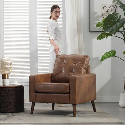 PU Accent Arm Chair with Tufted Back, Faux Leather Comfy Upholstered Single Sofa, Mid Century Modern Side Club Chair with Wood Legs for Reading/Living Room/Bedroom, Caramel