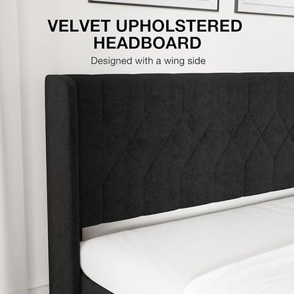 Novilla King Bed Frame, King Bed Frame with Headboard, Velvet Upholstered Pull-Point Wing Side Headboard, No Box Spring Needed, Heavy Duty Feet, Easy Assembly, Black Velvet