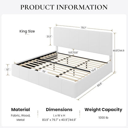 SHA CERLIN King Size Bed Frame, Velvet Upholstered Platform Bed, Vertical Channel Tufted Adjustable Headboard, Low Profile Bed Frame, No Box Spring Needed, Easy Assembly, White