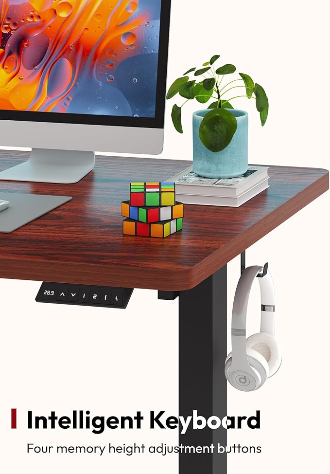 SANODESK Electric Standing Desk 48 x 30 Inches Whole-Piece Desktop Height Adjustable Stand Up Desk w/6-Button Controller Ergonomic Computer Desk for Home Office, Black Frame + Mahogany Tabletop