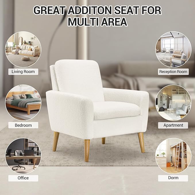 Lohoms Sherpa Accent Chair, Modern White Teddy Fabric Upholstered Comfortable Armchair, Comfy Reading Leisure Chairs for Bedroom, Living Room, Home Office, Small Sofa Chair with Wood Legs