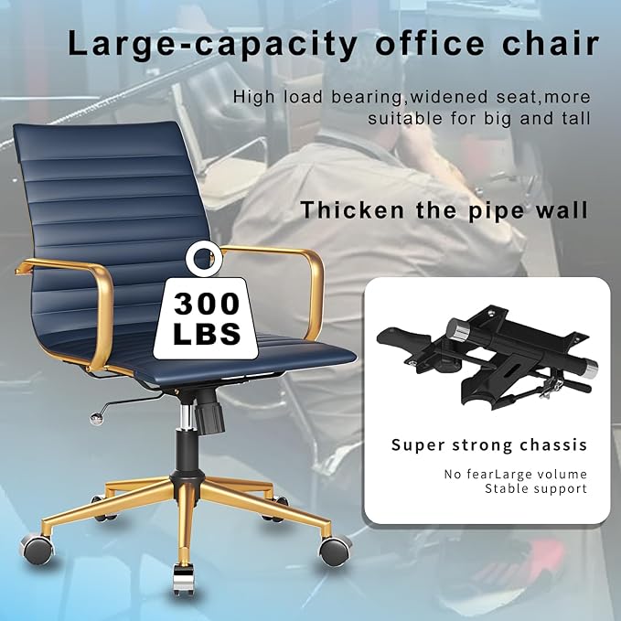 Executive Desk Chair Ergonomic Swivel Office Chair with Armrests and Wheels Heavy Duty Chair for Home Office Comfortable Wide Seat for Women and Men ，Gold Navy