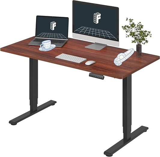 FLEXISPOT E6 3 Stages Dual Motor Electric Standing Desk 55x28 Inch Whole-Piece Board Height Adjustable Electric Sit Stand Desk(Black Frame + Mahogany Desktop, 2 Packages)
