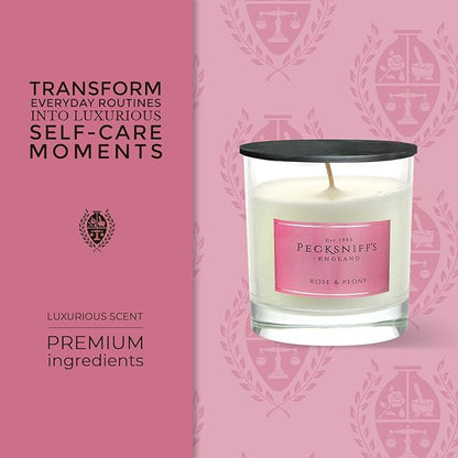 Pecksniffs White Scented Candle - Rose & Peony Fragrance Candles for Home Scented - Elegant Glass Vessel - 1 Wick Luxury Candles, 184g/6.49oz