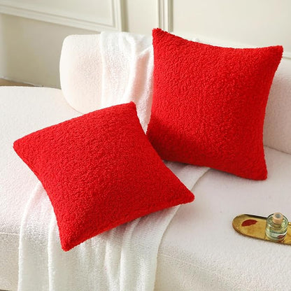 FUTEI Christmas Red Throw Pillow Covers 18x18 Inch Set of 2,Furry Faux Fur Teddy Boucle Textured Cushion Covers,Soft Fluffy Decorative Pillow Case,Home Decor for Couch Bed Living Room Office Car