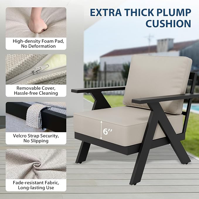 COOS BAY Iron Luxe Modern Outdoor Patio Chairs Set of 4, Lounge Accent Chairs for Backyard, Deck, Porch, Garden, Black/Beige
