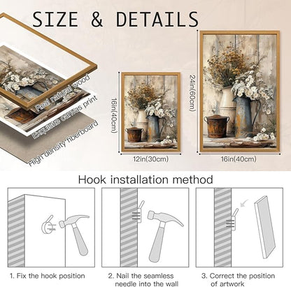 HLXRAE Rustic Farmhouse Bathroom Wall Art, Vintage Country Floral Still Life Wall Decor, White Daisy Canvas Painting, Shabby Chic Flower Poster Print for Bedroom Kitchen Wood Framed 12x16 inch