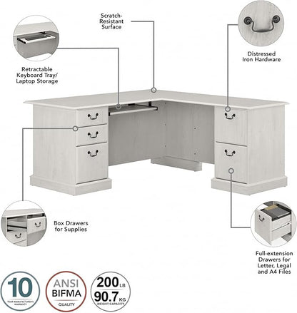 Bush Furniture Saratoga L Shaped Computer Desk with Drawers and Storage in Linen White Oak | Large Corner Office Table for Workspace