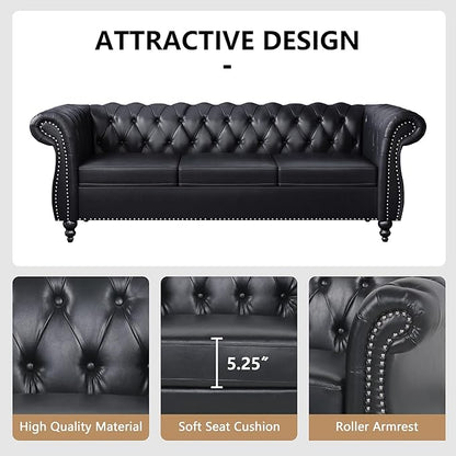 Faux Leather Sofa Couches Set, Modern Comfy Upholstered Couch with Cushions, Home Sofa Sectional Furniture Sets, 3-Piece Mid Century Tufted Chesterfield Couches for Living Room, Bedroom, Office