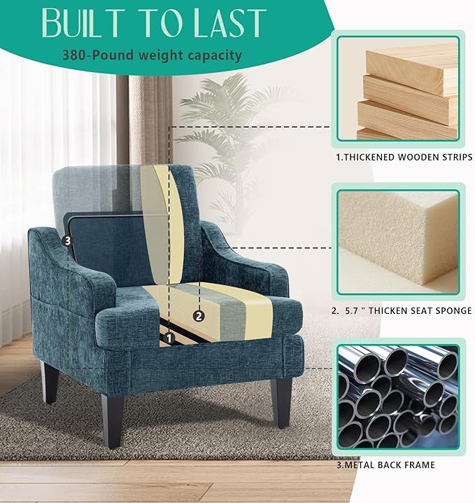 Modern Accent Chairs Set of 2 Upholstered Reading Chair for Bedroom with Side Pockets Comfy Living Room Chairs Living Room Armchair for Office, Apartment (Blue Chenille)