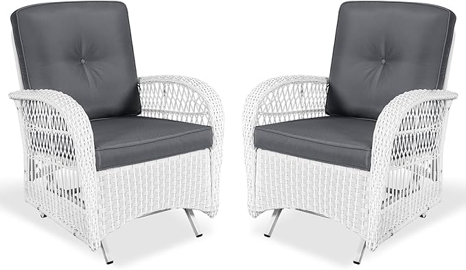 VIVIJASON 2-Piece Outdoor White Wicker Glider Rocking Chair, Patio Rattan Swing Glider Chairs with Cushions & Steel Frame, All-Weather Gliding Lawn Wicker Furniture for Garden Backyard Porch, Grey