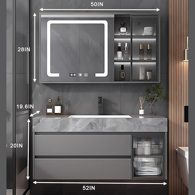 Modern Bathroom Vanity - Wall-Mounted Bathroom Storage & Bathroom Vanities with Sink, Wall Mounted, Defogging & Led Lighting | Bathroom Cabinets Slim