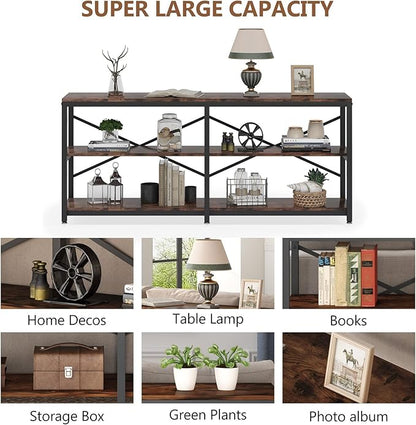 Tribesigns 70.9 Inch Extra Long Console Table, Modern Sofa Table Behind Couch Table with Storage Shelves, 3-Tier Industrial Hallway Entryway Table for Living Room, 3 Shelf Bookshelf(Brown)
