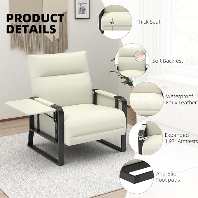 Upholstered Accent Chairs Set of 2, Modern Faux Leather Sofa Chairs with Foldable Side Tray Table & Storage Pocket, Small Accent Sofas for Living Room, Bedroom, Beige