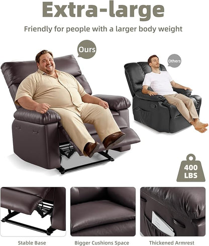 GarveeHome Oversized Recliner Chairs, Classic Manual Leather Recliner, Home Theater Seating with Lumbar & Arms Support for Living Room, Bedroom and Nursery - Brown