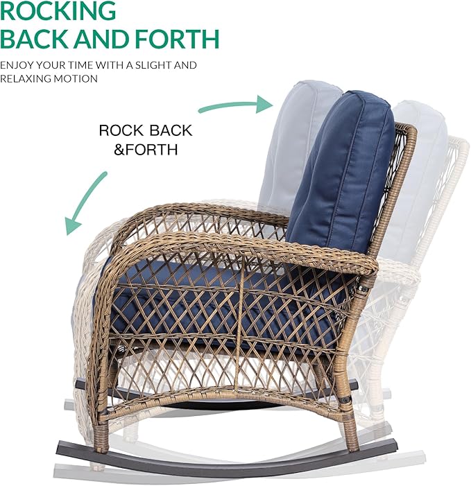 VIVIJASON 7-Piece Outdoor Patio Wicker Conversation Sets, All Weather Outdoor Rattan Furniture Set Includes Glider Loveseat, 2 Rocking Chairs, 2 Glider Rocker Chairs, 2 Coffee Table, Navy Blue