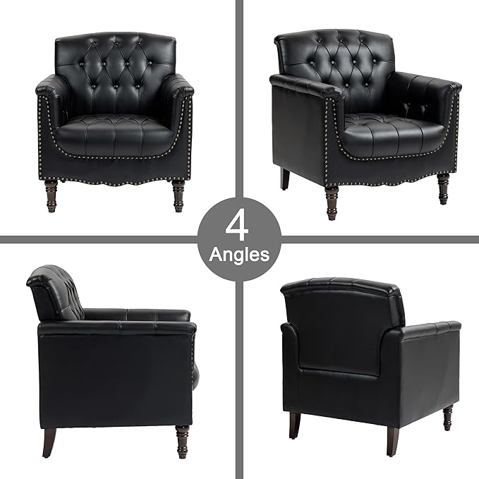 Faux Leather Accent Chairs Set of 4, Upholstered Armchairs with Nailhead Trims & Wood Legs for Living Room, Bedroom, Contemporary Comfy Club Chairs for Office-Black