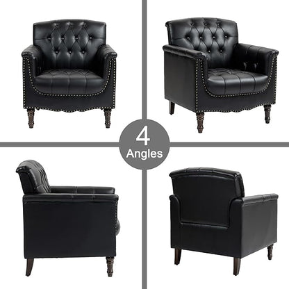 Faux Leather Accent Chairs Set of 4, Upholstered Armchairs with Nailhead Trims & Wood Legs for Living Room, Bedroom, Contemporary Comfy Club Chairs for Office-Black