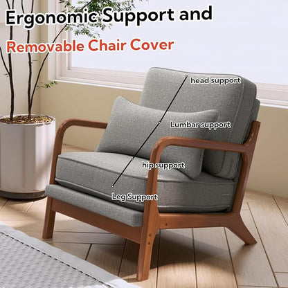 Mid-Century Accent Chair Set of 2,Linen Fabric Lounge Chair with Wide Armrest,Linen Fabric Armchair withLumbar Pillow & Solid Wood Frame for Living Room, Bedroom, Balcony(Light Gray)