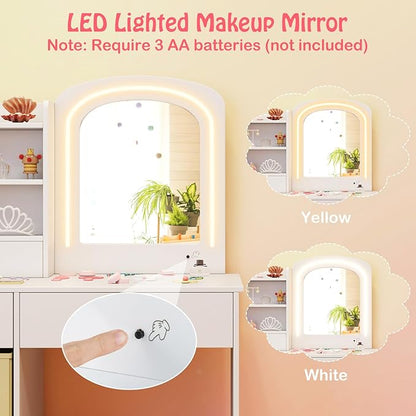 HONEY JOY Kids Vanity, Little Girls Vanity Set with Mirror and Stool and Lights, Wooden Princess Makeup Dressing Table, Storage Box & Shelf, Pretend Play Kids Vanity Table and Chair Set(White)