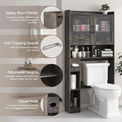 Over-The-Toilet Storage Cabinet, Farmhouse Style with 2 Acrylic Waves Doors, Space-Saving Home Storage Rack for Restroom, Bathroom and Laundry Room