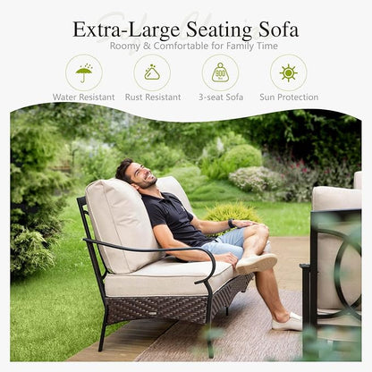 Sophia & William Patio Furniture Set with Fire Pit Table, 4 PCS Metal Outdoor Conversation Set with Fire Pit Table, 2 Sofa Chairs,3-Seater Couch for Outdoor Seating, Backyard, Porch(Beige)