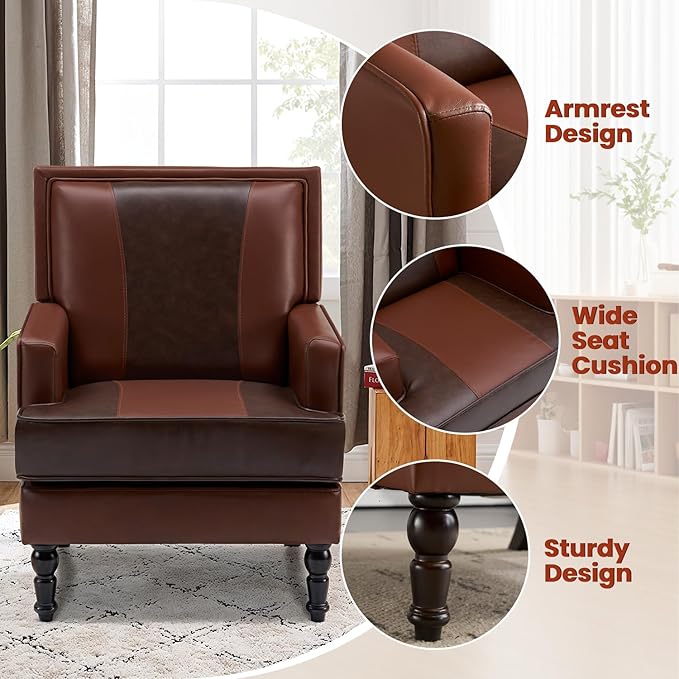 MOJAY Mid-Century Modern Accent Chairs, PU Leather Upholstered Lounge Armchair, Comfy Club Chair for Living Room, Bedroom, Home Office & Study (Brown)