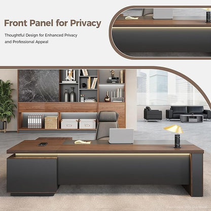 L-Shaped Executive Desk with LED Lights, Lockable Storage & 3-in-1 Charging Station, Reversible Cabinet, Modern Wood Office Desk for CEO, Manager & Home Office(Red Walnut+Black, 63"L*63"W*30"H)