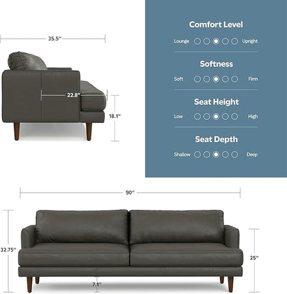SIMPLIHOME Livingston 90-inch Wide Sofa in Coal Top Grain Genuine Leather, Handcrafted Mid-Century Modern Couch for Living Room, Large 3-Seater with Feather-Wrapped Cushions and Solid Wood Frame
