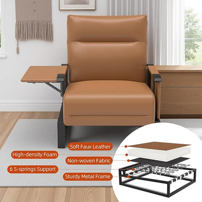 Upholstered Accent Chairs Set of 2, Modern Faux Leather Sofa Chairs with Foldable Side Tray Table & Storage Pocket, Small Accent Sofas for Living Room, Bedroom, Brown