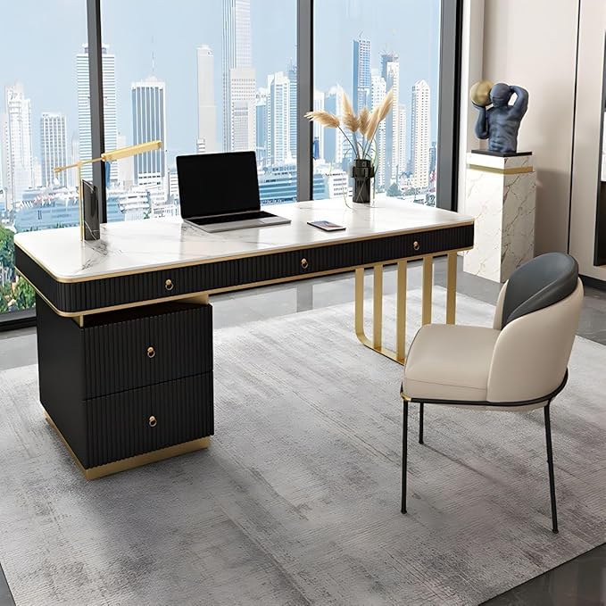 RUNNUP Stone top Computer Desk with 5 Drawers, Rectangular Home Computer Desk Writing Desk, Modern Executive Desk, Without Chairs, Khaki, 63" L x 23.5" W x 29.5" H