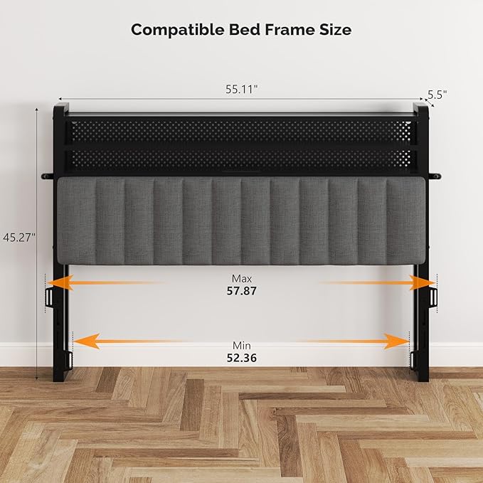 VINGLI Full Size Headboard Only, Adjustable Upholstered Headboard with 3 Tier Shelves and Pegboard with Charging Stations and LED Lights, Modern Bed Headboard with Storage for Bedroom Decor