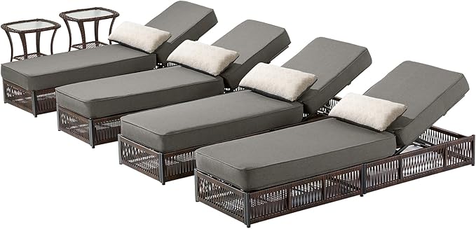 Luxury Outdoor Chaise Lounge Chairs of 4 with 5 Inch Thick Cushions and Side Table - 6 PCS High Back Brown Wicker Rattan Patio Recliners Lounger Furniture Set for Poolside Sunbathing - Grey
