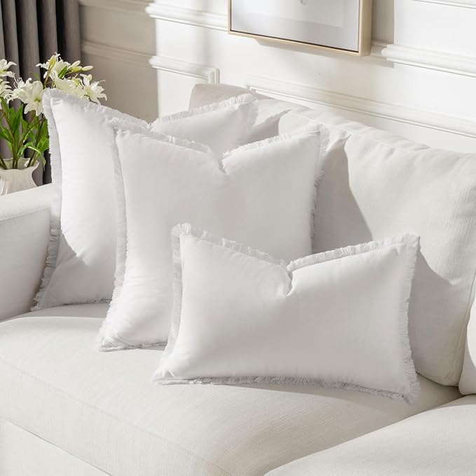 FUTEI Cream White Velvet Decorative Throw Pillow Covers 20x20 Set of 2,Soft Cozy Edge with Tassels Cushion Case,Boho Modern Home Decor for Couch Bed Living Room
