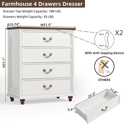 Bedroom Sets, 54" Wide 7 Drawers Dresser and 37" Tall 4 Drawers Dresser, Wooden 2 Piece Bedroom Furniture Set, Chest of Drawer for Bedroom, Home, Living Room, Hallway, White