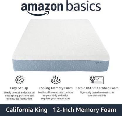 Amazon Basics Gel Memory Foam Mattress, Firm, Cooling, California King Mattress, CertiPUR-US® Certified Foam, 84 x 72 x 12 inches, White/Gray