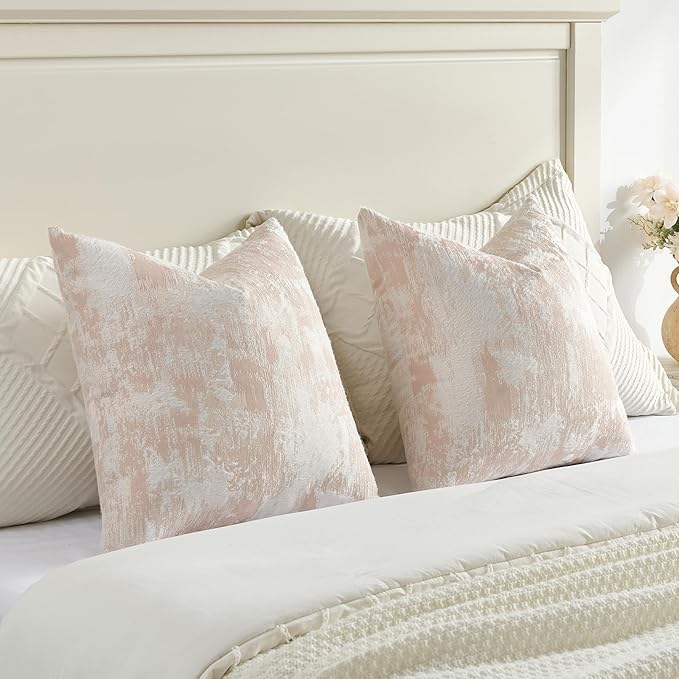 FUTEI Pink White Decorative Throw Pillow Covers 22x22 Inch Set of 2,Soft Faux Cashmere Jacquard - Textured & Cozy Cushion Case,Modern Home Decor for Couch Bed Living Room