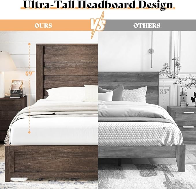 AMERLIFE Farmhouse King Platform Bed Frame with 49" Fluted Headboard, Wooden Bed with Natural Grain Finish, Noise-Free, No Box Spring Required, Easy Assembly, Grey