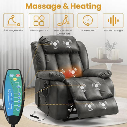 PARKOL Dual Motor Power Lift Recliner Chair for Elderly, 180-Degree Infinite Position Lay Flat Leather Recliner Chairs, with Massage and Heating, USB & Type-C Port and Remote (Sliver Gray, Medium)