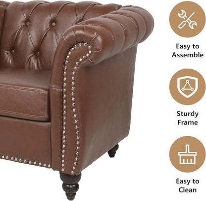 Accent Sofa Chair for Living Room, Modern PU Leather Upholstered Armchair, Oversized Comfy Single Sofa Chair with Cushion, Mid Century Tufted Chesterfield Sofa Couch for Bedroom, Apartment (Brown)