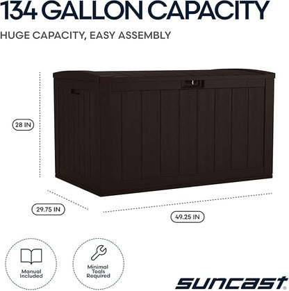 Suncast 134-Gal. Waterproof Resin Extra-Large Outdoor Patio Deck Box with Pad-Lockable Lid, Modern Outdoor Patio Bench/Storage Box for Cushions, Garden Tools, and More, Java