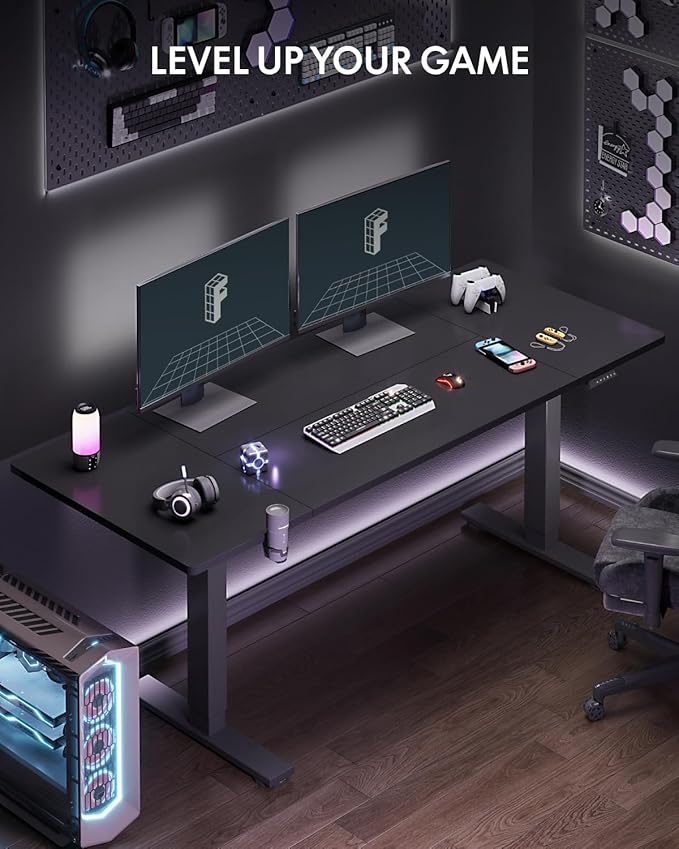 FLEXISPOT 79 x 32 Inch Large Standing Desk, Stand Up Desk with Splice Board, Rising Desks for Home Office, Office Desk with Cup Holder and Headphone Hook (Black Frame + Black Top, 2 Packages)