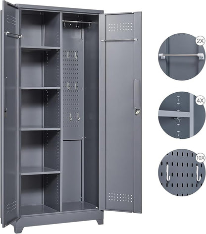 FLEXIMOUNTS 73'' Tall Metal Storage Cabinet with Locking Door, Large Cleaning Tool Organizer for Brooms, Garage, Laundry Room, Bathroom, Dark Grey