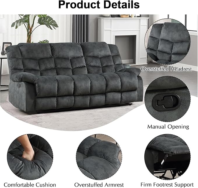 CANMOV Manual Reclining Sofa Set,2 Pieces Sofa Furniture Set for Living Room, Manual Recliner Sofa and Recliner Chair with Arms for Living Room, Bedroom, Grey(1+3)
