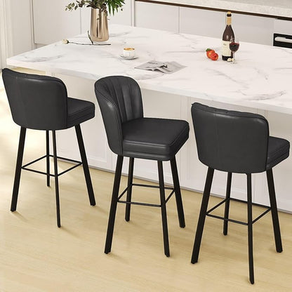 Swivel Counter Height Bar Stools Set of 3, 30'' Modern Barstools with Backs and Metal Legs, Upholstered Bar Chairs, Faux Leather Black Stools for Kitchen Island Chairs