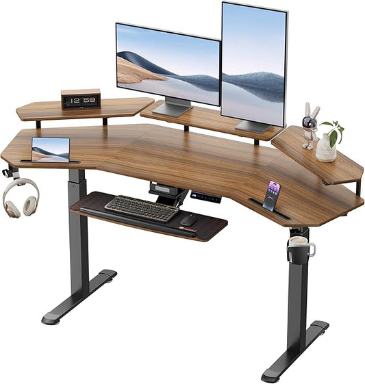 EUREKA ERGONOMIC Standing Desk Adjustable Height, Computer Desk w Keyboard Tray 72" Gaming Music Studio Desk LED Monitor Stand,Dual Motor,Slot Design,Walnut