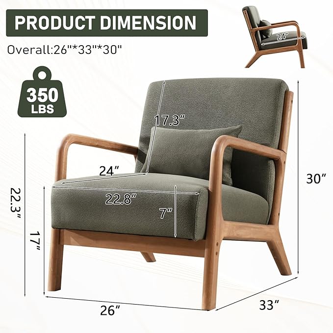ANJ ANJHOME Mid Century Modern Accent Chairs Set of 2, Comfy Fabric Reading Chair with Solid Wood Frame, Easy Assembly Armchair for Living Room Blackish Green 2